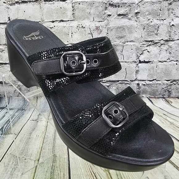 Dansko Jessie Sandals Women’s 41 Black Lizard Leather Wedge Double Strap Slip-On - Picture 1 of 9